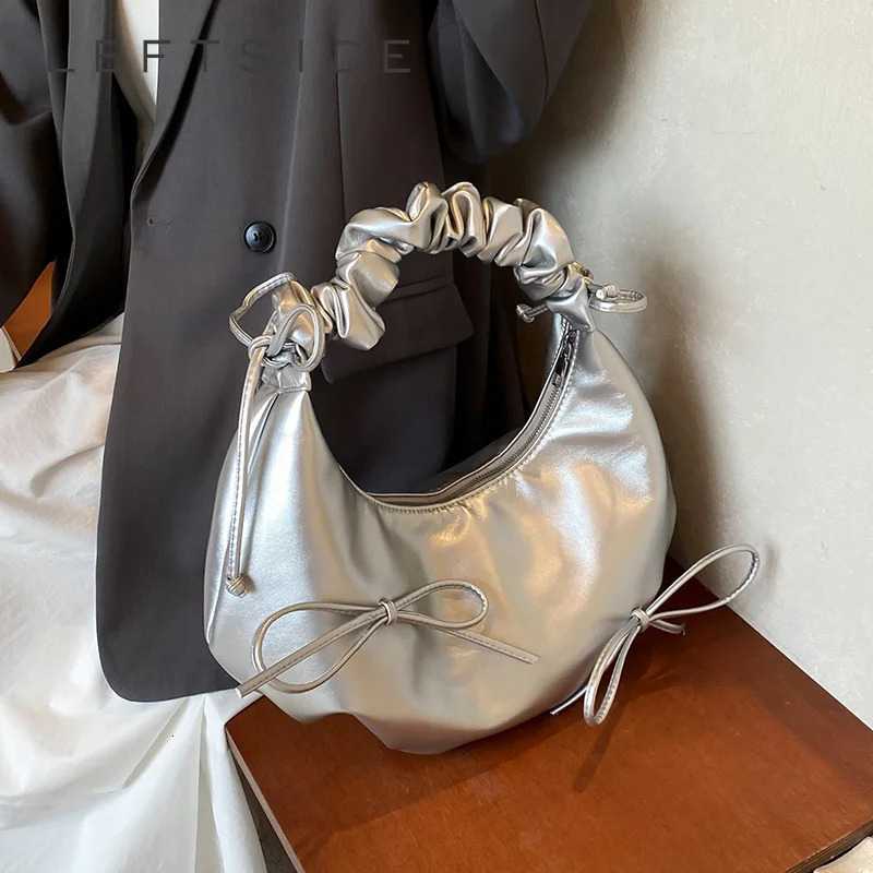 LEFTSIDE small bow silver PU womens leather shoulder bag Y2K fashion trend underwear bag womens handbag 241106