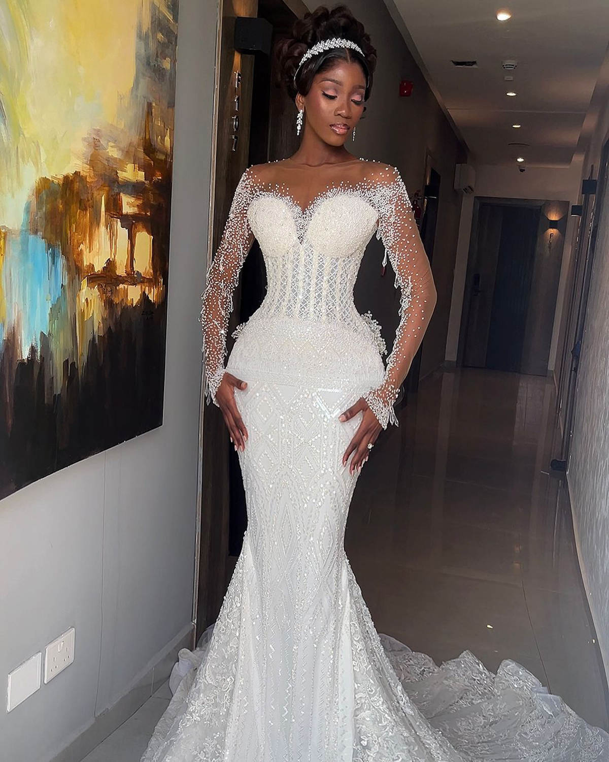 Elegant Wedding Dress Beading Rhinestone Bridal Gowns Detachable Train Long Sleeves Princess Bride Dress Plus Size Custom Made Vestidos De Novia