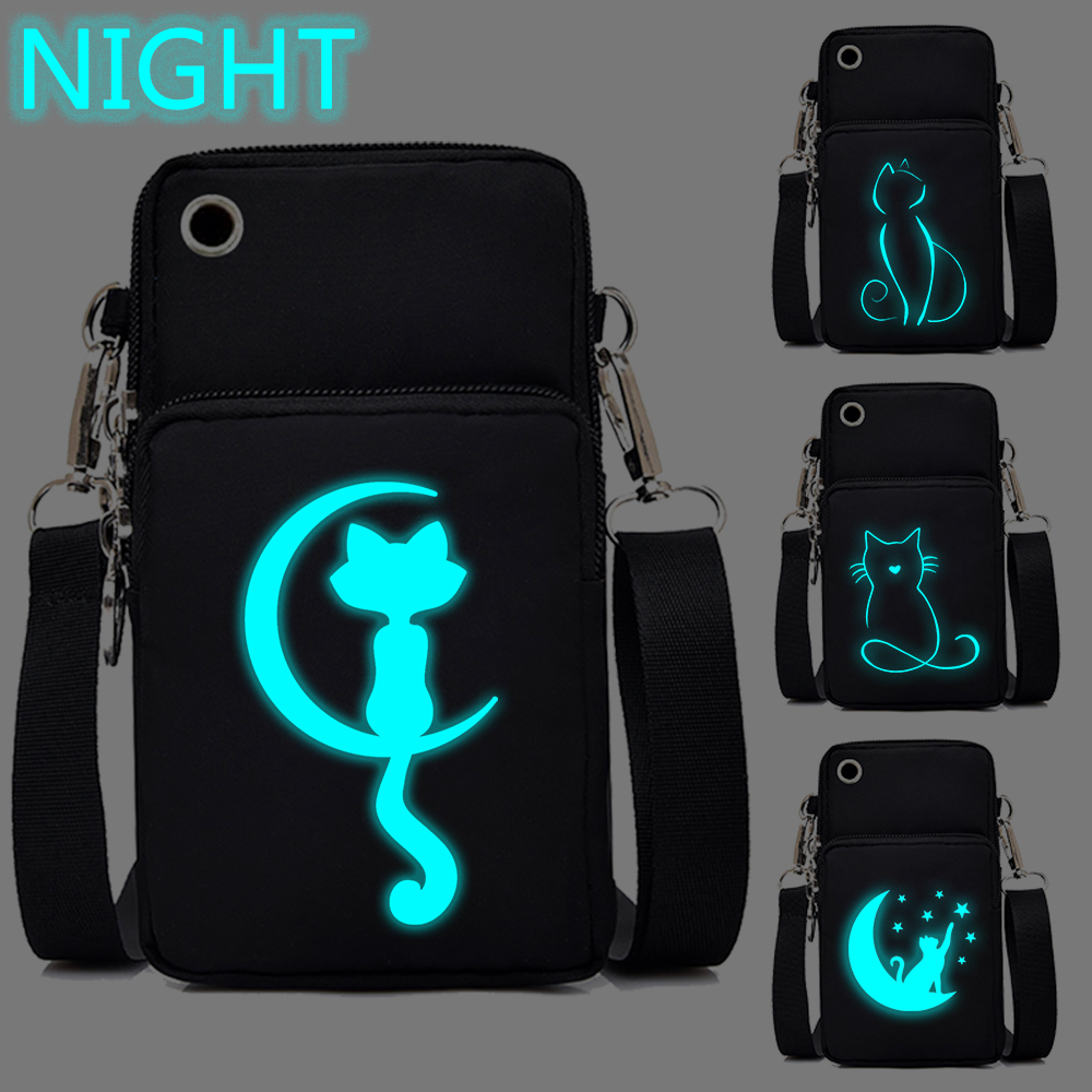 New Cartoon Cat Mobile Phone Bag Women Luminous Messenger Bag Hanging Neck Purse Vertical Handbag Funny Cats Mini Crossbody Bag