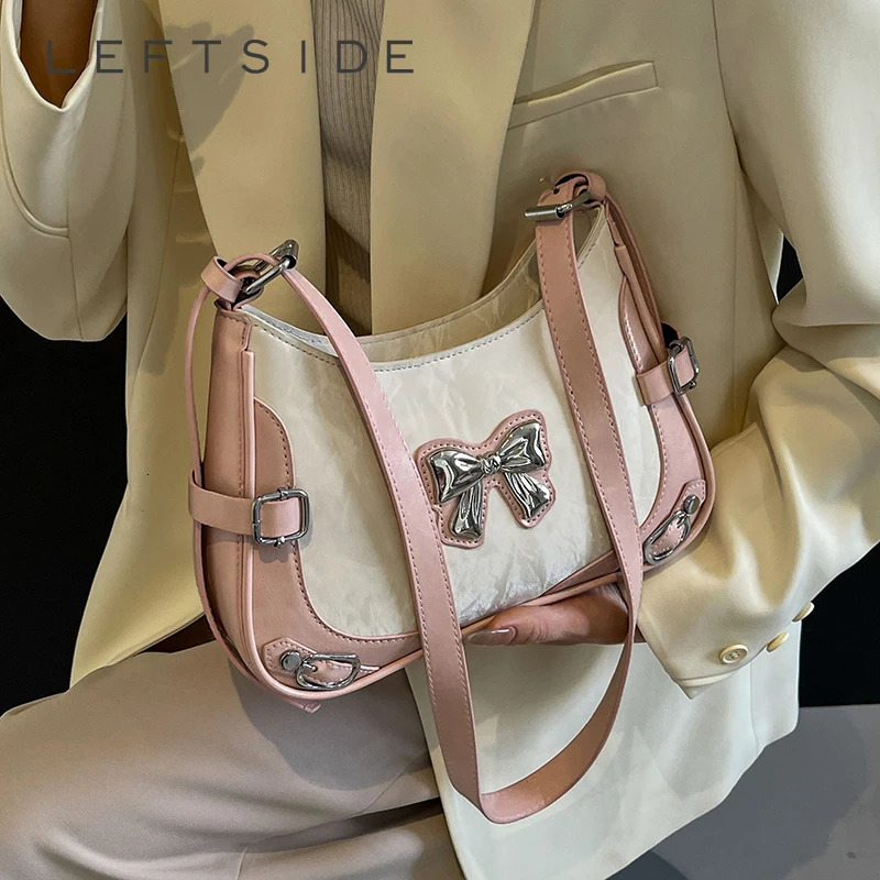 LEFTSIDE Bow Sweet Small Cross Body Bag for Women Trend Fashion PU Leather Shoulder Bag for Women Y2K Handbags and Wallets 241106