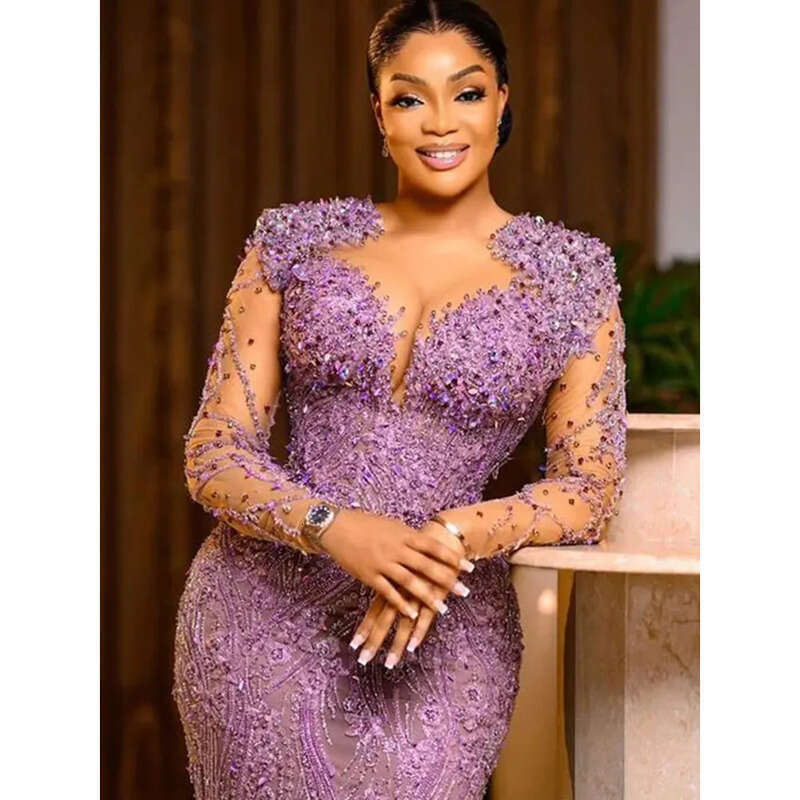 2024 Aso Ebi Lilac Sheath Prom Dress Beaded Lace Sexy Evening Formal Party Second Reception Birthday Engagement Gowns Dresses Robe De Soiree