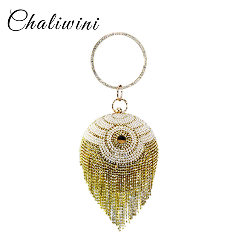 Chaliwini new design silver bowling shape totes bag beaded pearl striped flower ball wristlets tassel women messenger bags