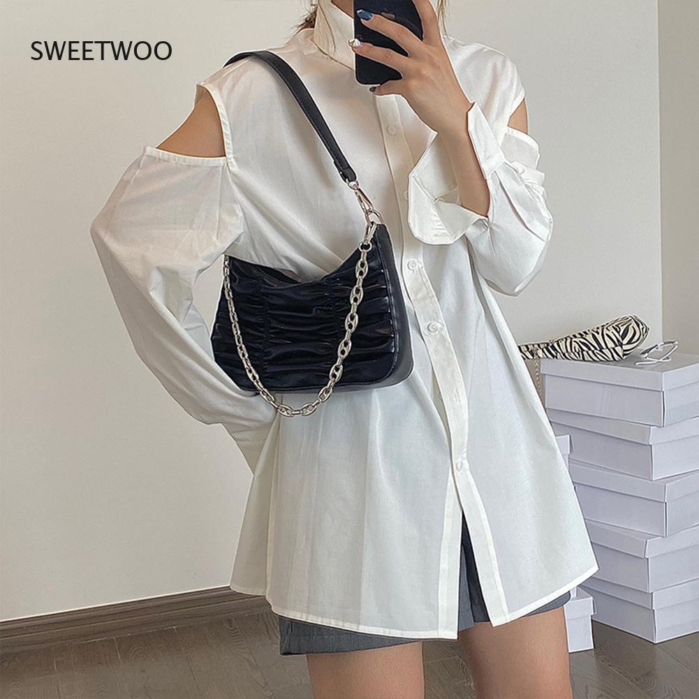 Fashion Solid Color Shoulder Underarm Bag Pleated Pu Leather Vintage Square Bag Street Travel Chain Money Handbags Totes 2021