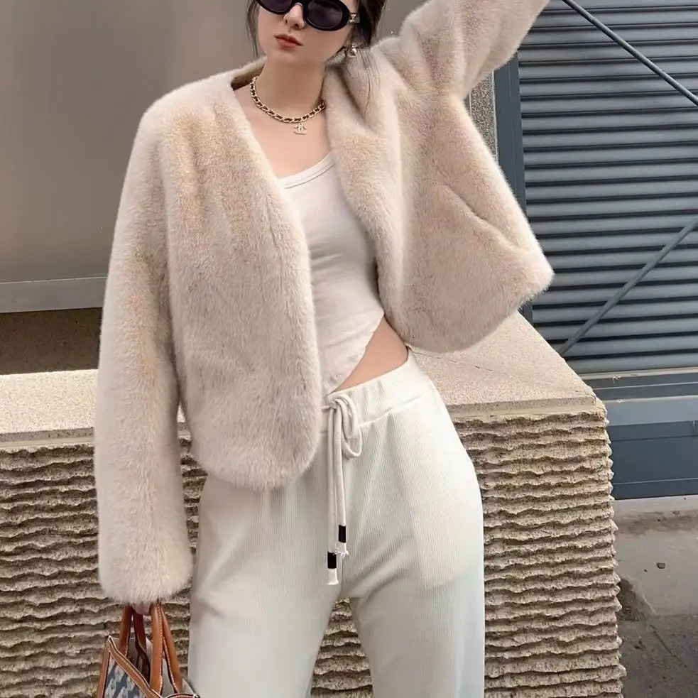 Korean style womens winter faux mink coat high-quality lace jacket long loose thick warm jacket 241107