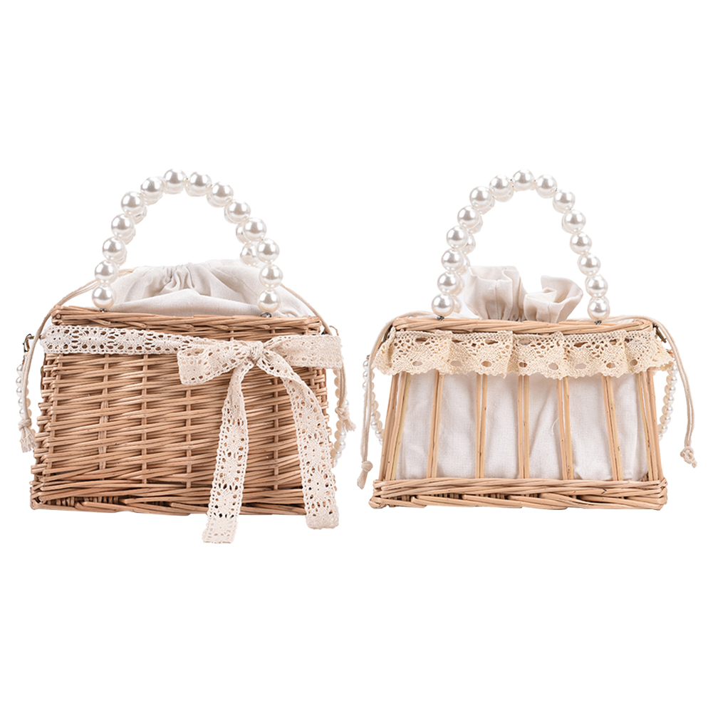 Small Beach Handbags Women Summer Bags Fashion Rattan Woven Lace Pearl Basket Shoulder Women Drawstring Tote Bags