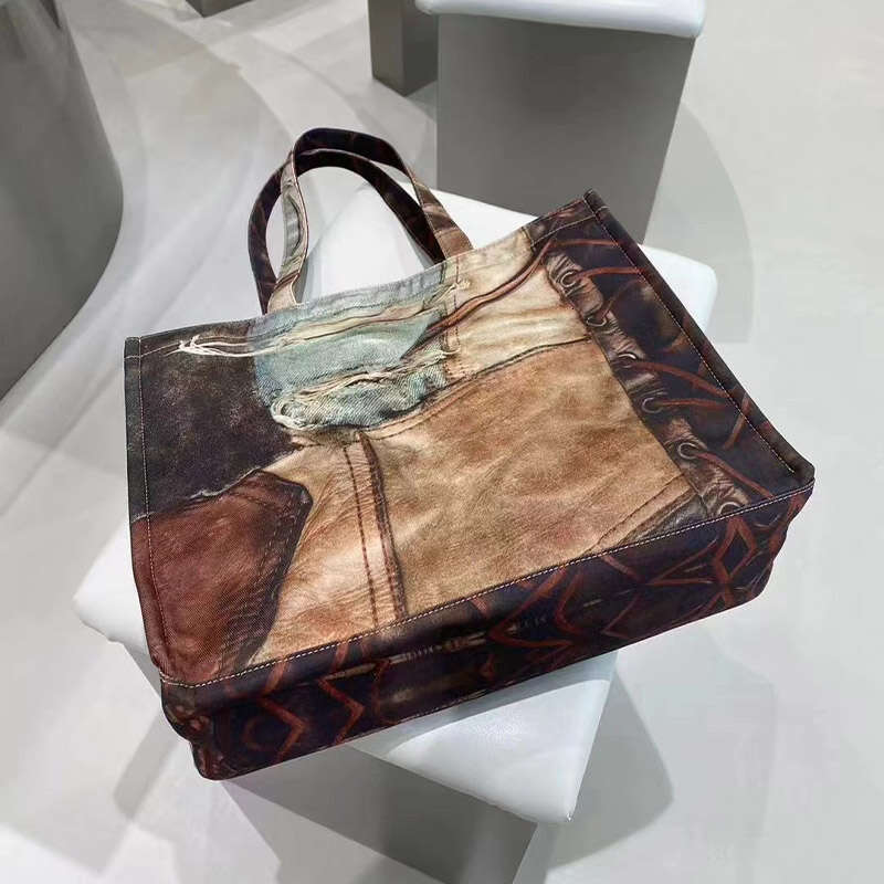 2024 OLOEY Spring and Summer New Retro Distressed Printed Shopping Casual Canvas Large Tote Mommy Women's Fashion Bag