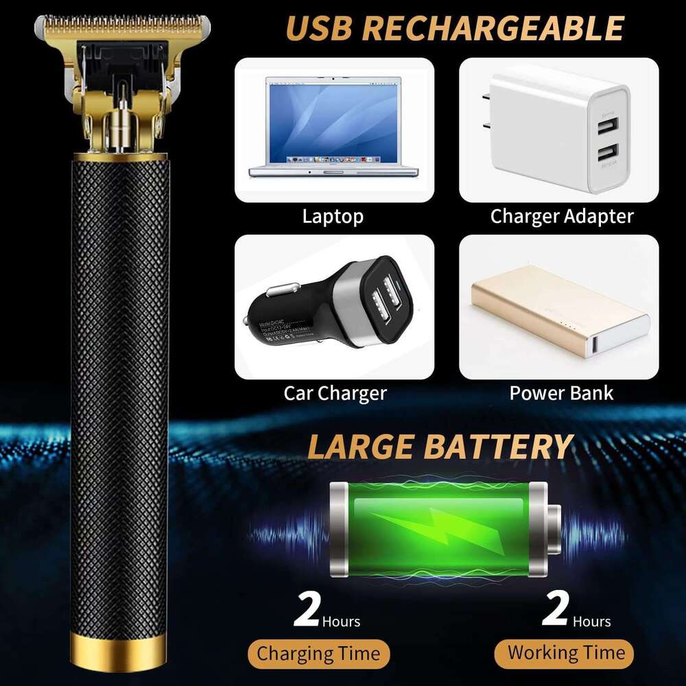 Professional Men's Cordless Hair Clipper with Zero Gap T-Shaped Knife Rechargeable Beauty Kit Beard Trimmer & Guide Comb-Gift