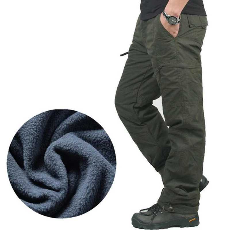 2024 Winter Thicken Warm Cargo Pants Multi-pocket Trousers Mens Joggers Fashion Fleece Warm Solid Pants Military Casual Trousers LX241107