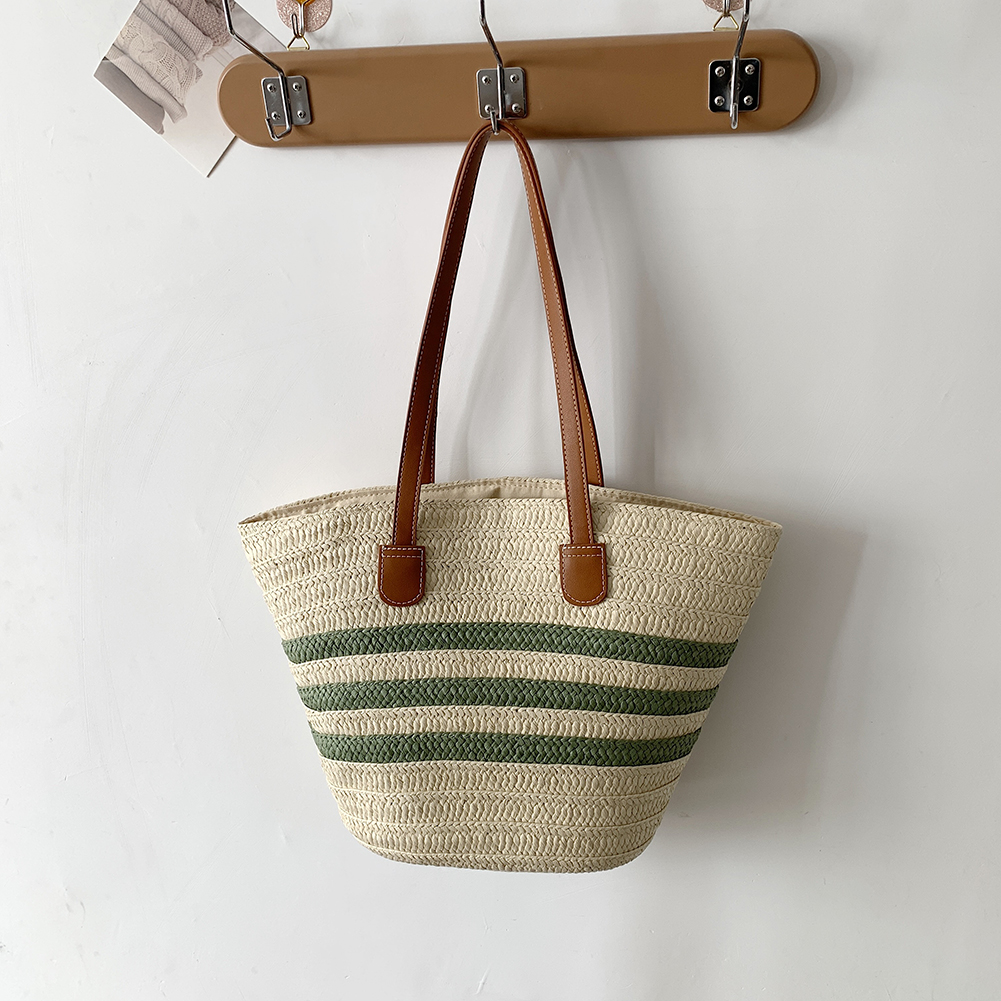 Women Straw Shoulder Bag Color Contrast Weaving Travel Bag Large Capacity Striped Straw Handbag Ladies Summer Daily Bag