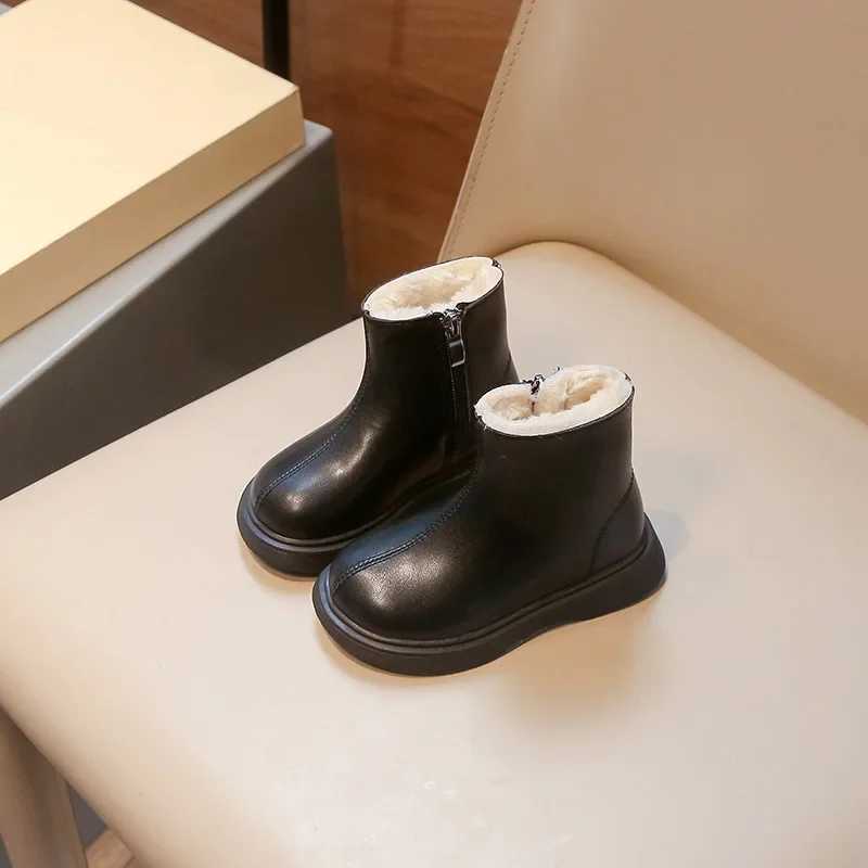 Children Winter Boots Warm Plush Thickened Boys Leather Boots Fashion Solid Color Zipper Girls Shoes Non-slip Kids Cotton BootsXJ241206
