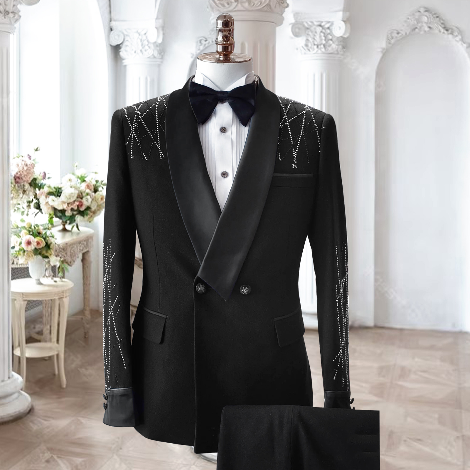 Simple Men Suits Beaded Two Pieces Set Pants Jacket Shawl Lapel Wedding Tuxedos Two Button Business Formal Groom Wear Custom Made