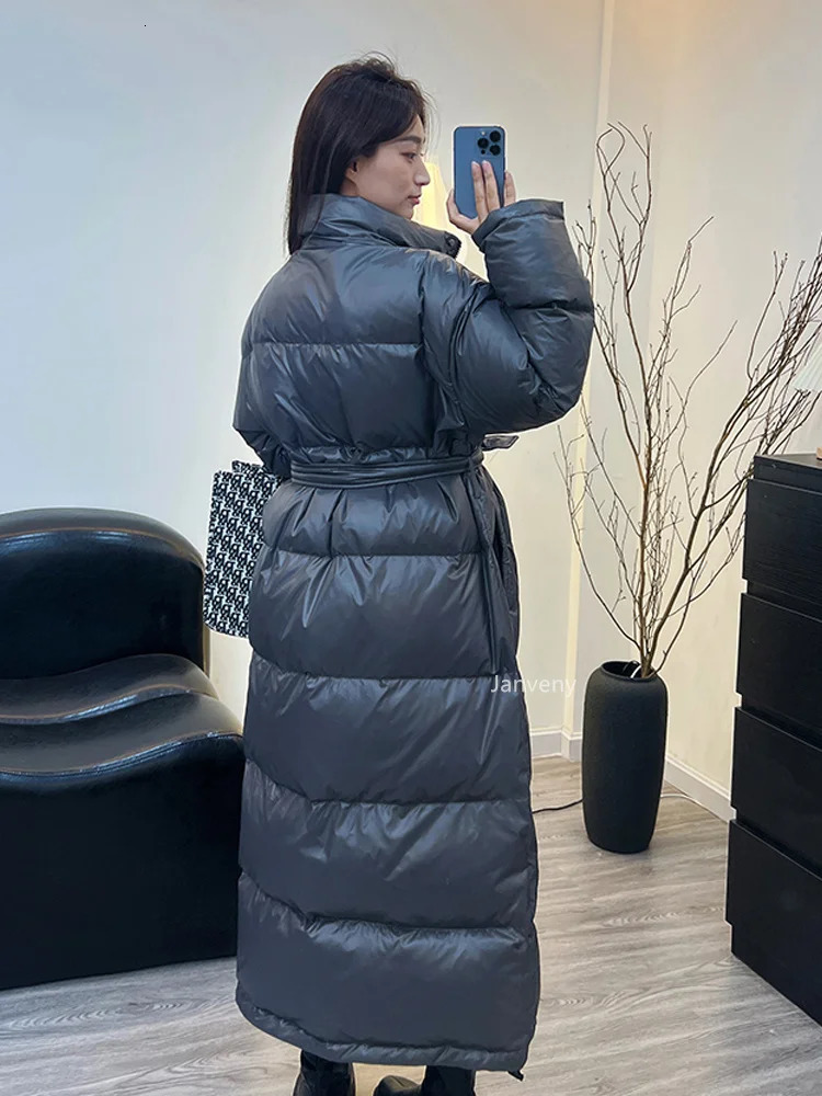 Janveny womens down jacket womens casual thick duck down jacket hooded womens waterproof Parkas jacket with belt 241107