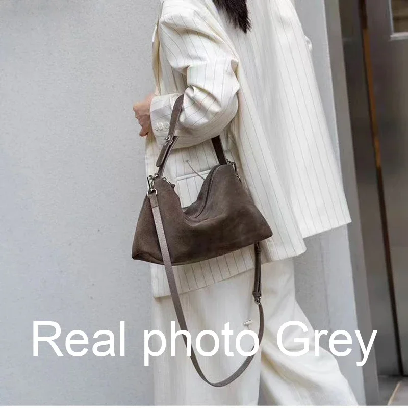 Simple Autumn Winter Colletion Grey Brown Roomy Big Boston Tote Soft Matte Suede Cow Leather Women's Handbag Shoulder Bag