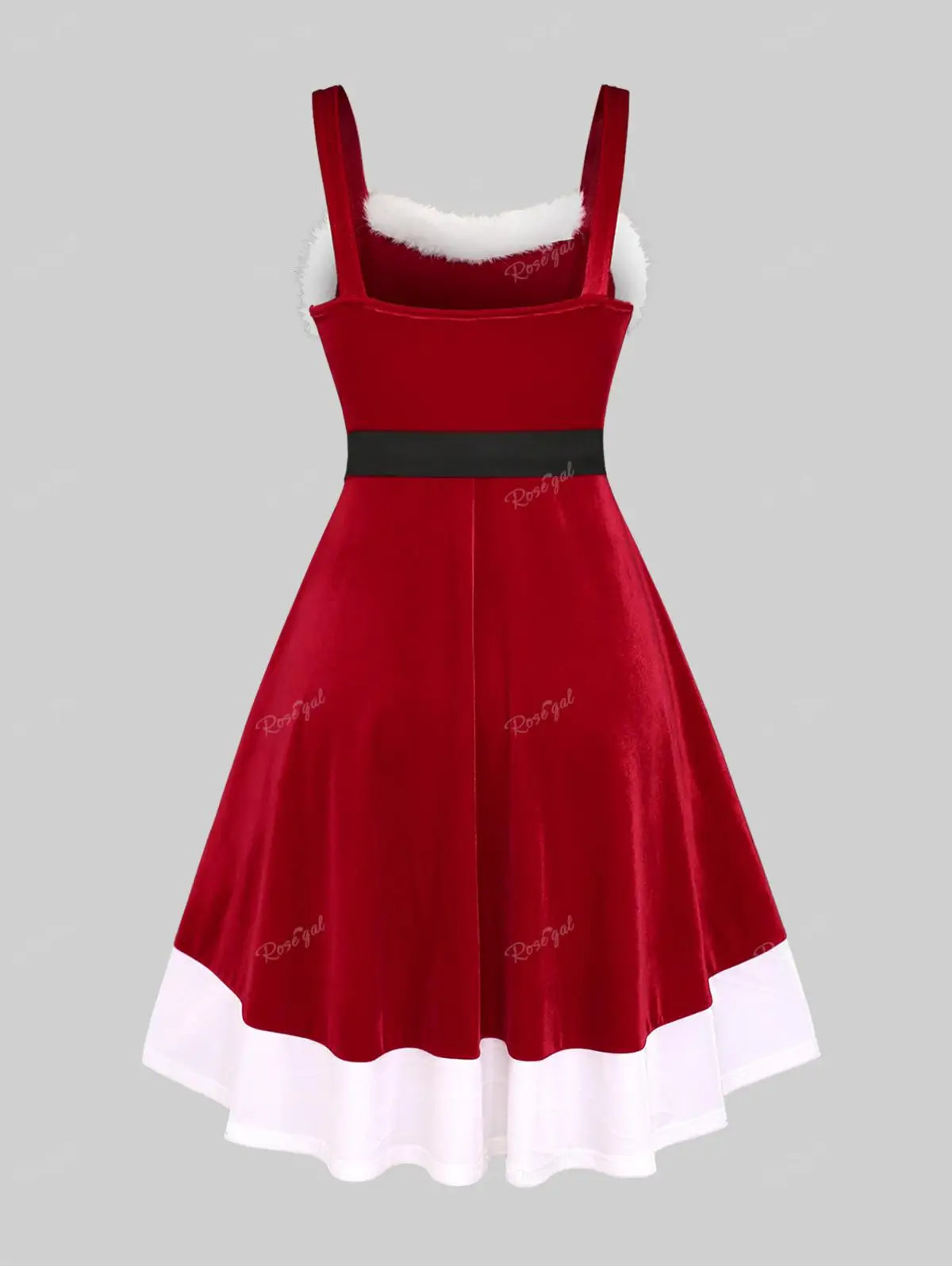 ROSEGAL Plus Size Fur Trim Velvet Dess With Belt Christmas Women Dresses Female Casual Colorblock Midi Dress 241107