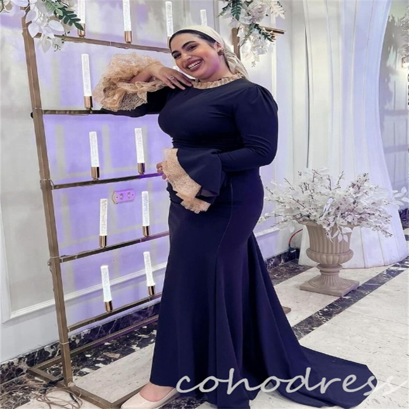 Plus Size Muslim Evening Dress With Long Sleeve Elegant Mermaid Abaya Prom Dress O Neck Floor Length Women Birthday Dress Arabic Dubai Lace vestidos p