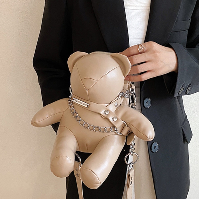 Womens PU Leather Case Purses Wallet Cartoon Bear Small Crossbody Shoulder Bag with Chain Strap