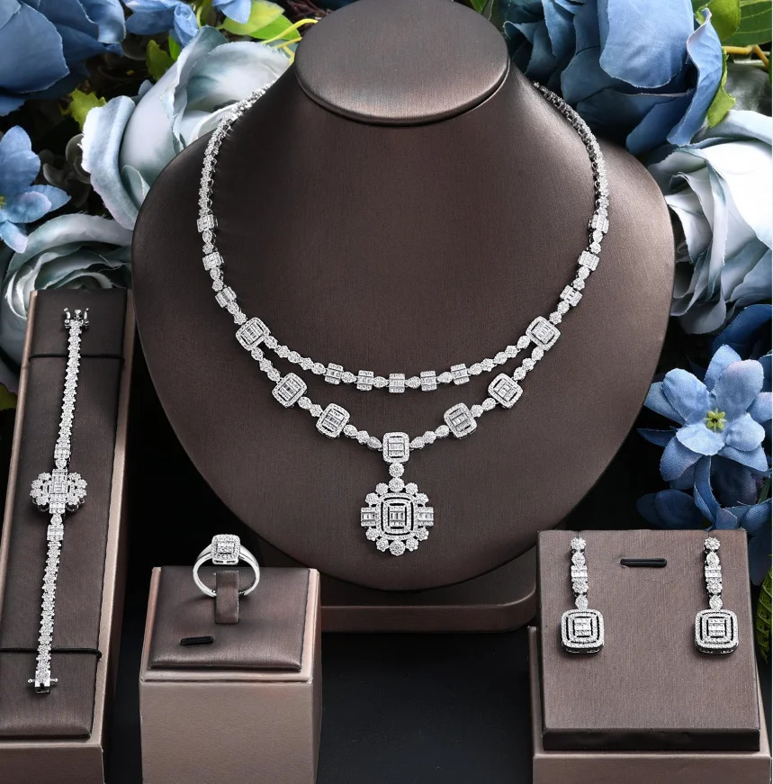 ly arrived 3A zirconia flower pendant Dubai bride set 4-piece bridal wedding jewelry set fashion party accessories 241106
