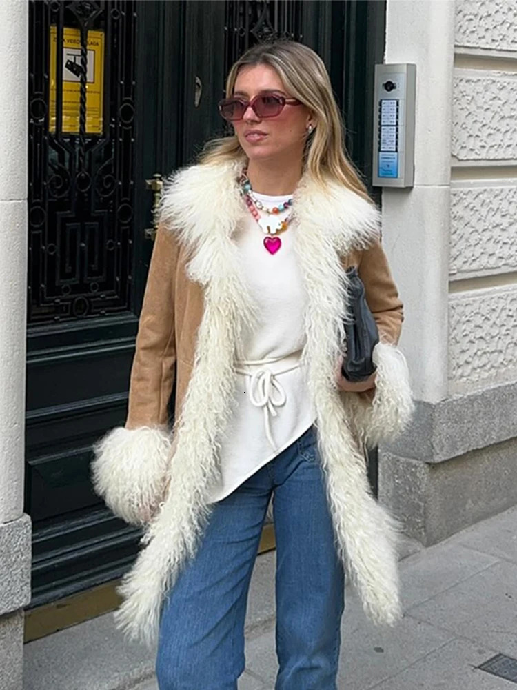 Artificial fur patch work thick coat womens lapel fur loose long sleeved warm coat winter casual pocket coat 241107