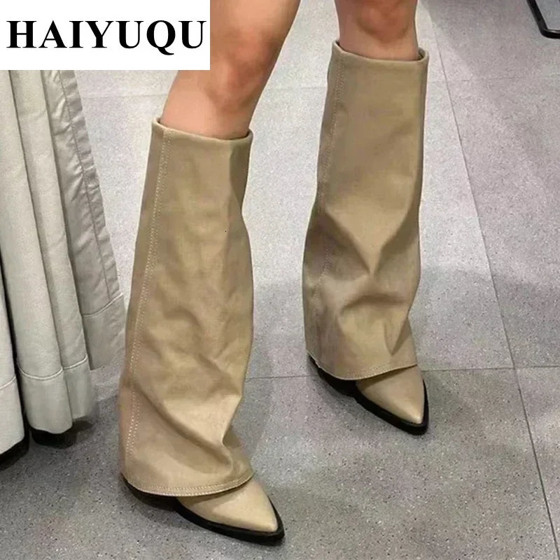 Knee High Heels Women Boots Leather Chunky Fashion Shoes Pointed Toe Snow Long Boots er Pumps Punk Chelsea Botas Mujer 241106