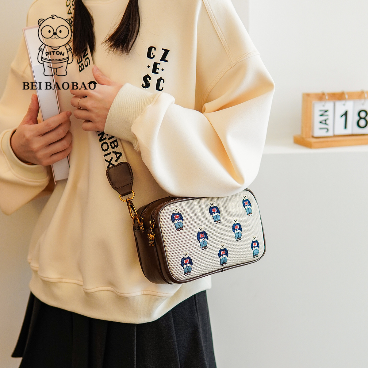 Beibaobao 2024 New Leisure Crossbody Fashion One Shoulder Women's Bag Classic Embroidery Vintage Bear Bolso de mujer