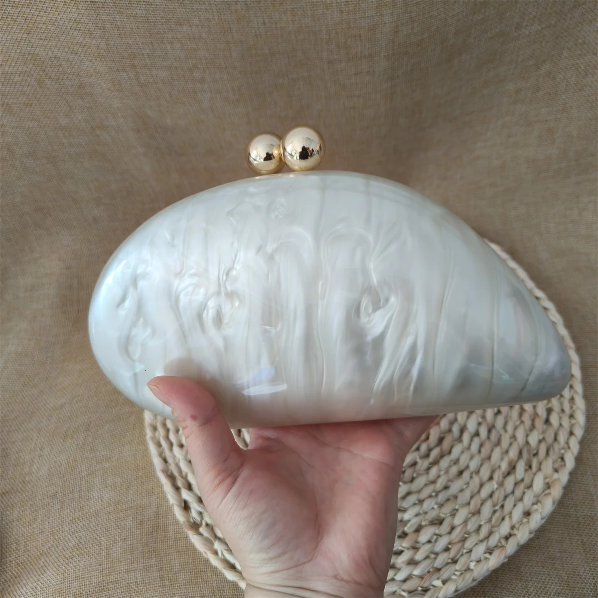 Oval Irregular Pearl White Acrylic Box Evening Bag Womens er Wedding Party Handmade Clutch Wallet and Handbag 241106
