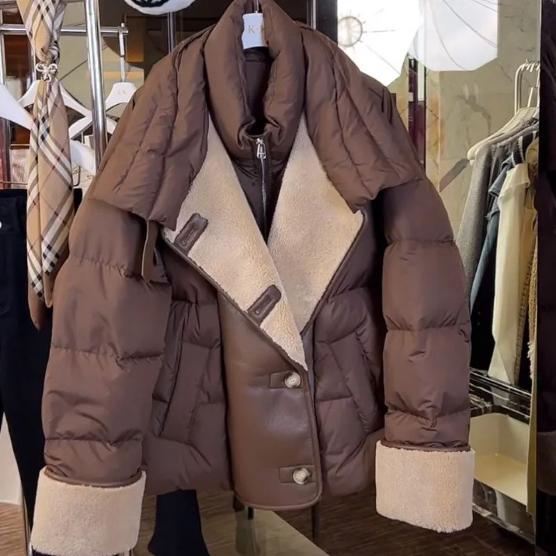 Winter womens down jacket street leather jacket short sleeved jacket wool jacket thick windproof jacket 241107