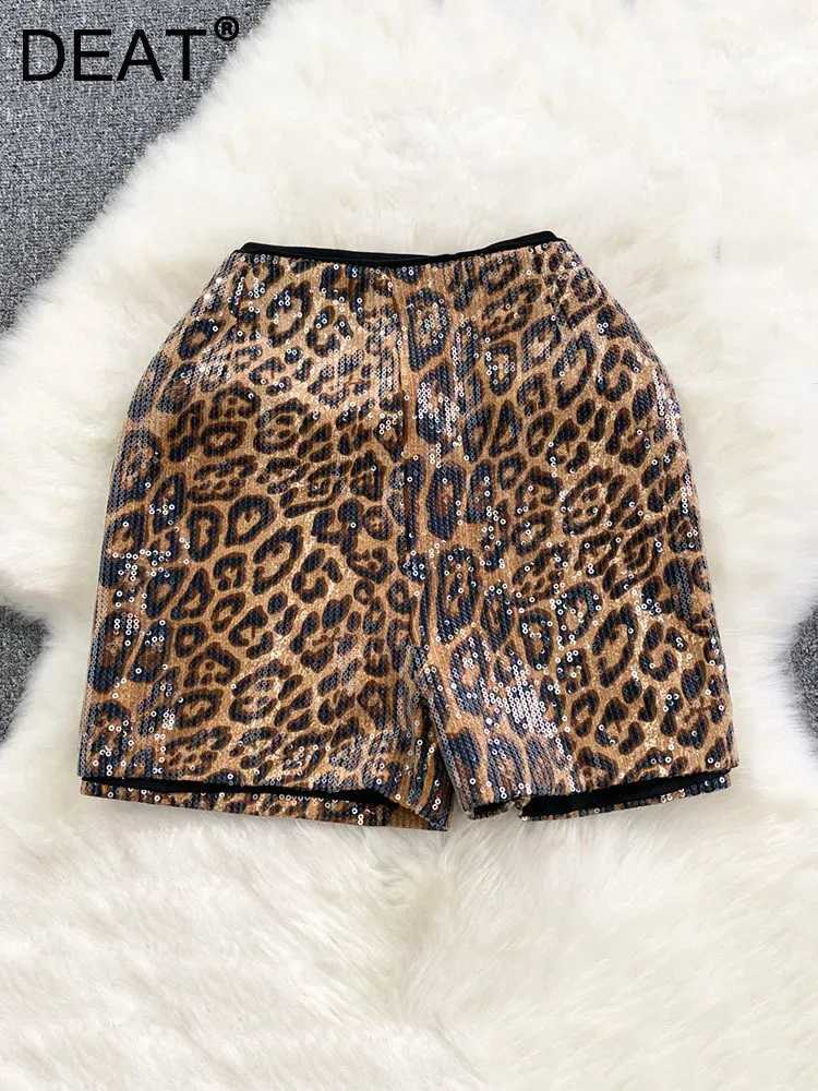 Women's Shorts DEAT Fashion Sexy Women's Sequins Leopard Short 2023 Autumn New Collection High Waist Wide Leg Short Pant Female Trendy 11XX6