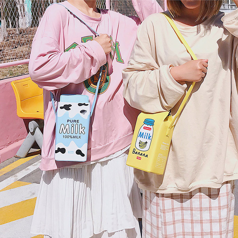 Cute Milk Box Women Shoulder Bag Designer Drink Cartoon Printing Crossbody Bags for Women 2021 Harajuku Small Coin Purses Girls
