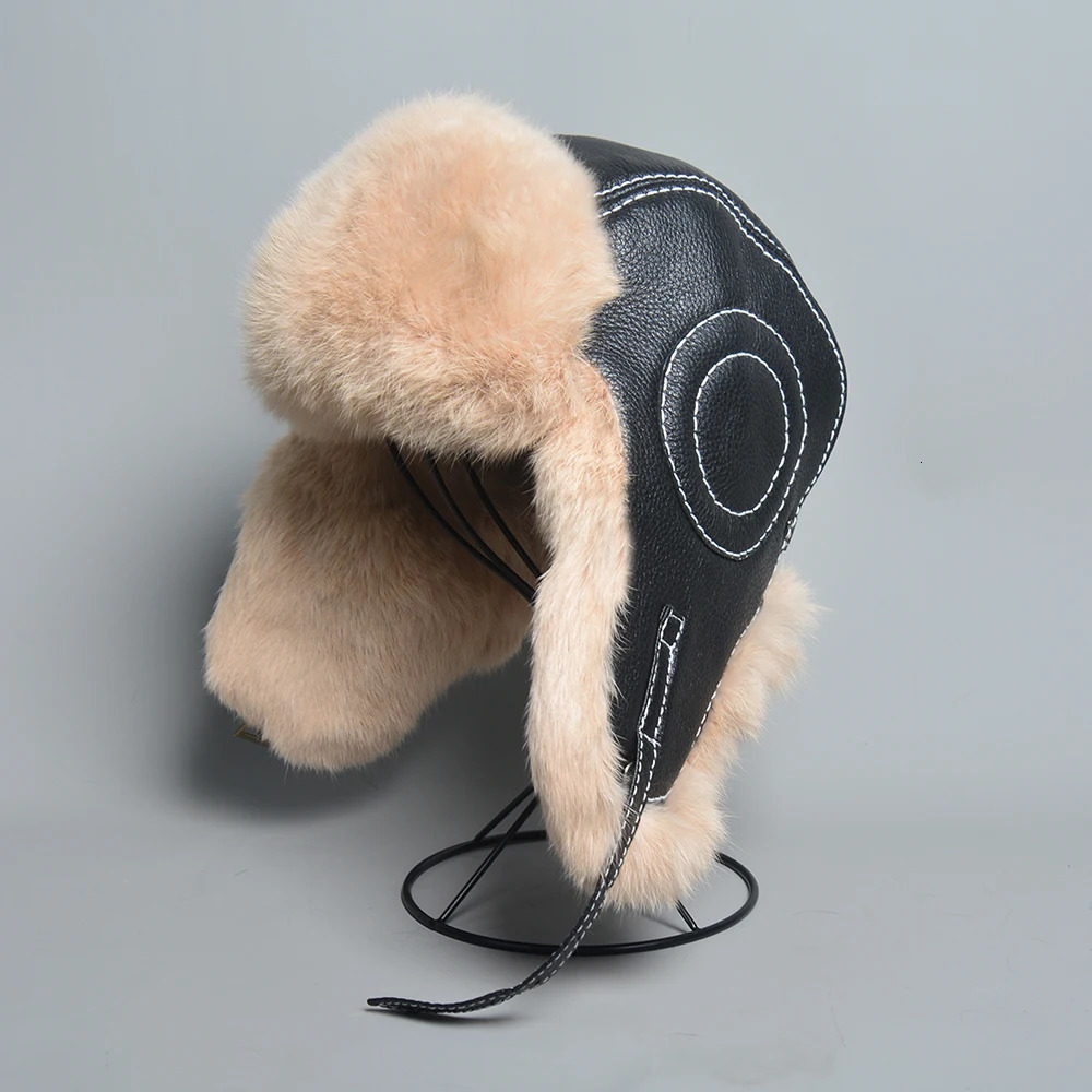 Winter Mens 100% Genuine Rabbit Fur Bomber Hat Wusanka Hat Hunter Russian Mens Ski Hat Genuine Sheepskin 241106