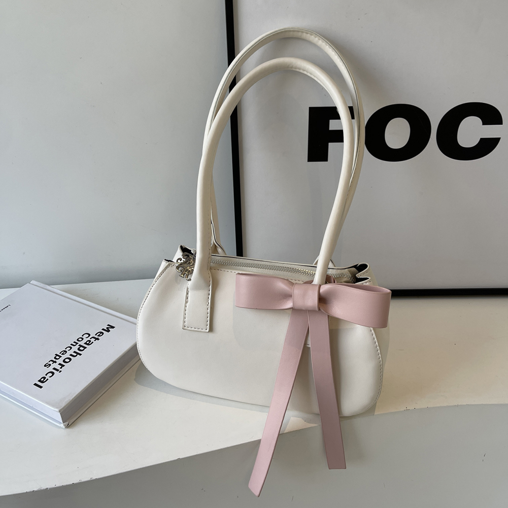 Women Leisure Armpit Handbag with Bow Fashion Shoulder Purse Contrast Color Travel Underarm Handbag Girls Outdoor Daily Bag