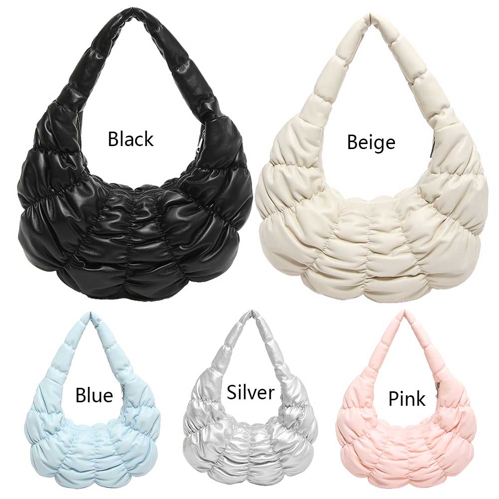 Women Fashion Shoulder Bag Large Capacity PU Pleated Underarm Bag Padded Clutch Handbag Solid Color for Outdoor Travel