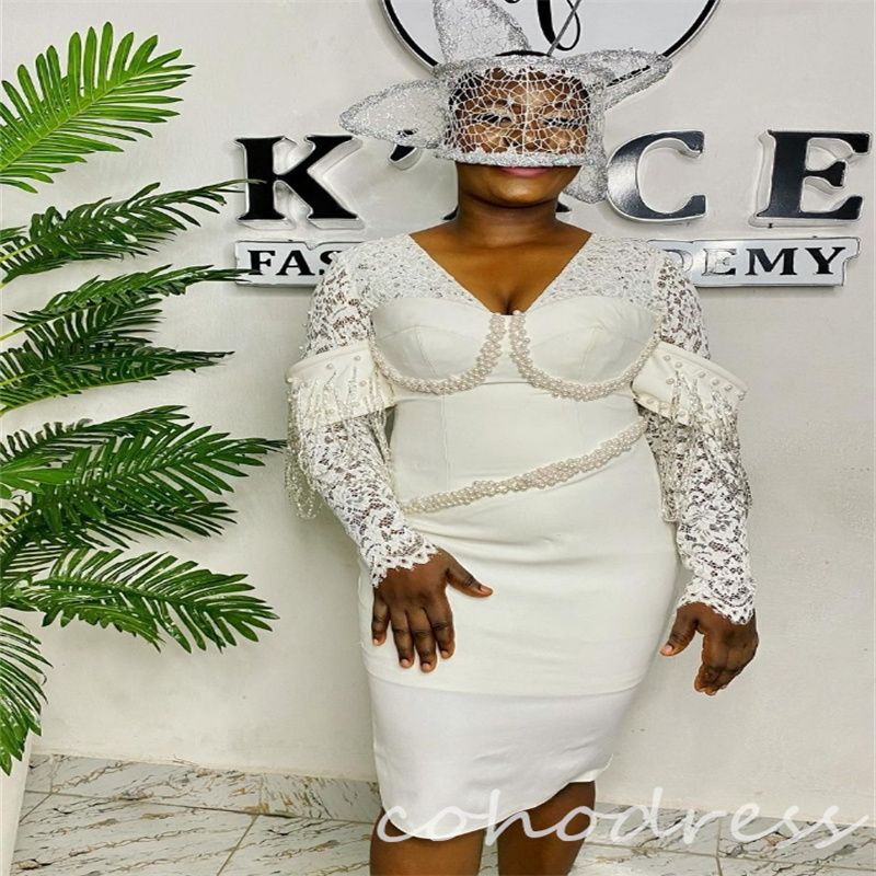 Stunning Nigerian African Wedding Dresses With Pearls Sheath V Neck Mini Short Country Bridal Gowns Lace Long Sleeve Western Bride Dress Vestio De Nov