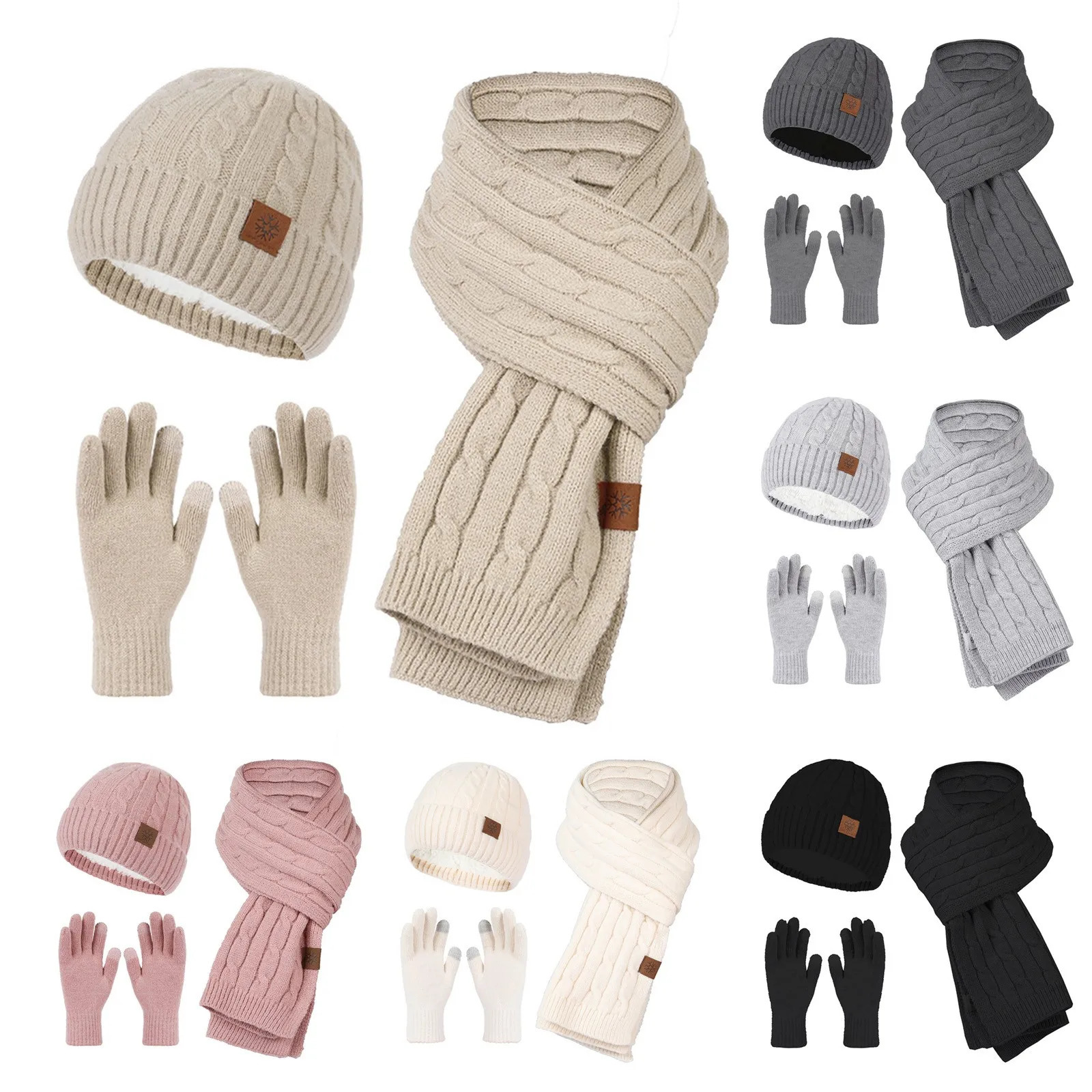 Womens Knitted Beanies Cold Hat 3-Piece Warm Winter Hat Womens Solid Color Scarf Hat Scarf Glove Hat Womens Three Sets 241107