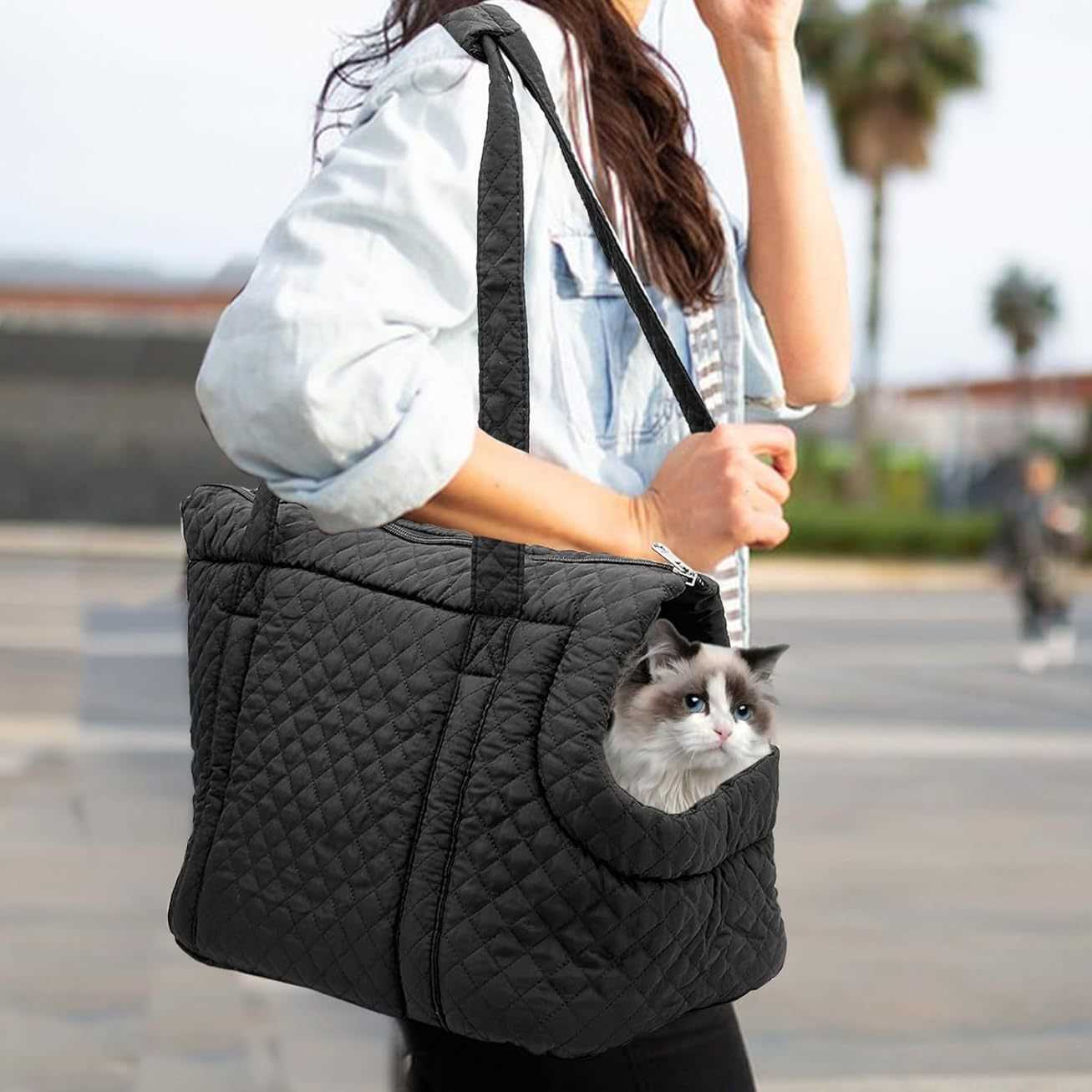 Korean style Quilted Pet Handbag Autumn Winter Ultra Light Quilted Cotton Pet Portable Bag Single Shoulder Cat Outing Bag 241115