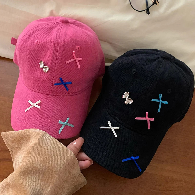 Korean Ins baseball cap womens Y2K girls colorful bow leather hat summer adjustable cotton sun hat womens dad hat 241107