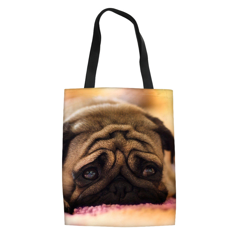 2021 New Cute Pug Printing Foldable Shopping Bags Women Shoulder Shopper Pouch Ladies Capacity Travel Storage Canvas Bag Torebki