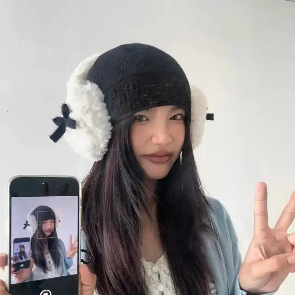 Kawaii Bow Knot Earrings Thick Heart shaped Fluffy Earrings JK Girls Earrings Cold Protection Female Earrings 241107