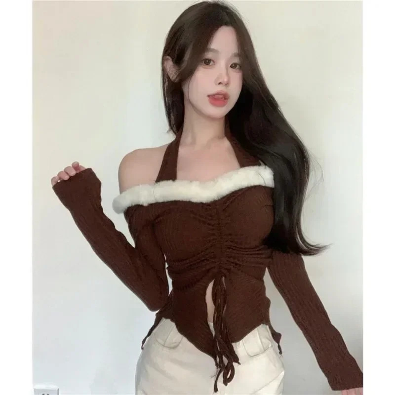 Kimotimo Y2k Pullover Women Autumn Fur Collar Halter Slim Long Sleeve Knit Crop Top Korean Drawstring Temperament Sweater 241107