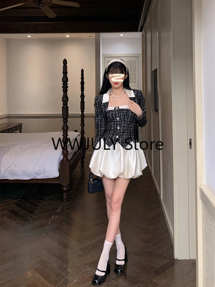 Elegant 2 Piece Dress Set Woman Black Crop Tops Slim Sleeveless Y2k Mini Corest Corset Korean Fashion Suit 2023 Autumn 240402