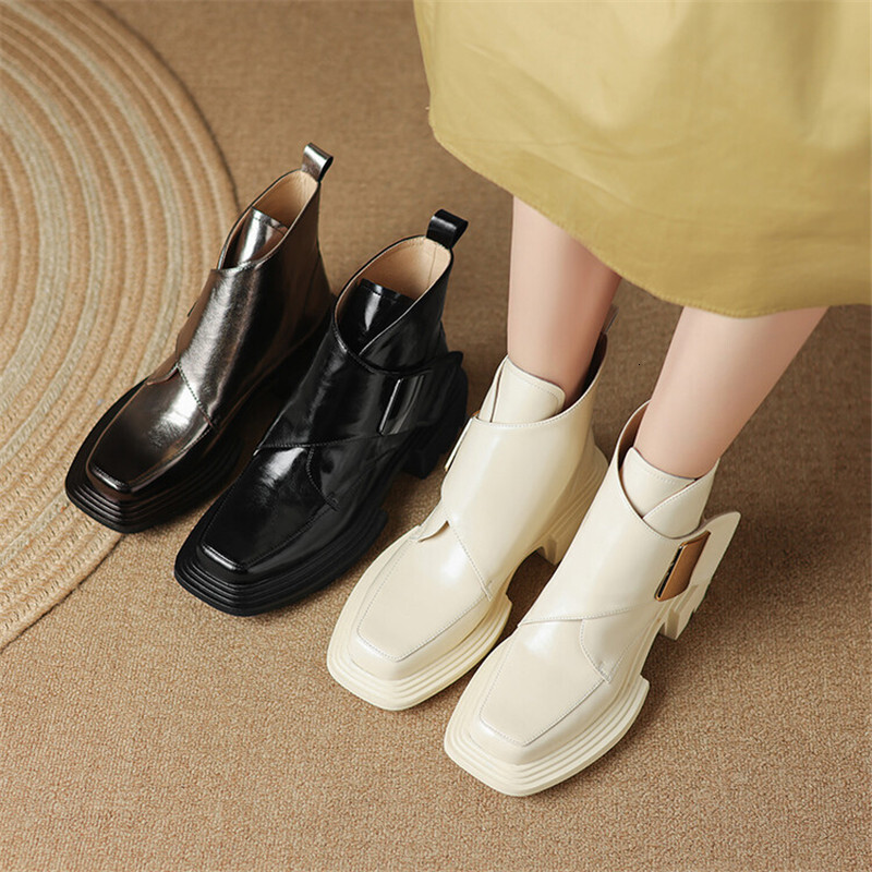 New Winter Split Leather Square Toe Chunky Heel Platform For Women High Heels Short Boots Concise Ladies Shoes