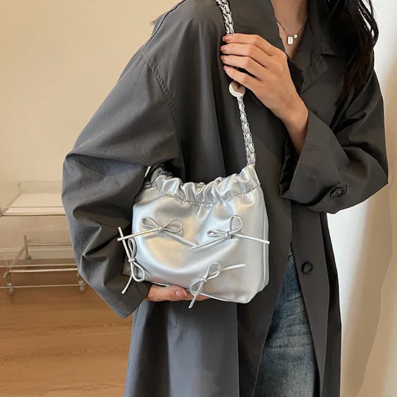 Cute Small Bow Tie Design Crossbody Bags for Women 2024 New Silver Handbags PU Leather Shoulder Bag Bucket Purses