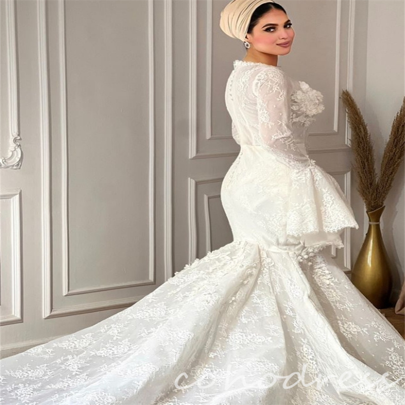 Gorgeous Saudi Arabic Mermaid Wedding Dresses With Florals Elegant Flare Sleeves Muslim Bridal Dress Lace Vestio De Novias Elegant Robe De Mariage 202