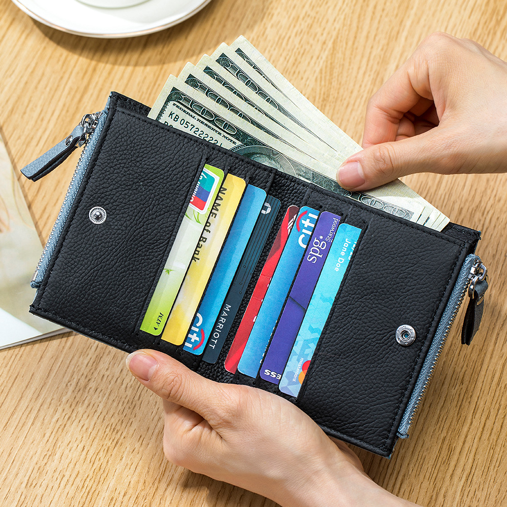 Genuine Cow Leather Double Zipper Pockets Ladies Short Wallet Quality Hasp Purse ID Card Holders Bill Cash Wallet Purse