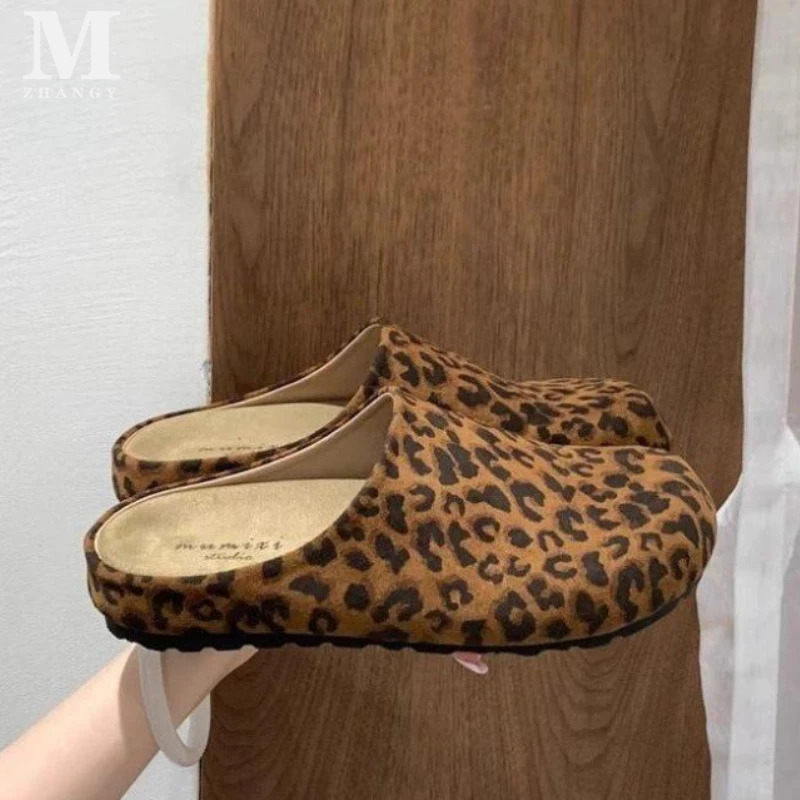 Leopard Women Slippers Platform Flats Suede Mule Shoes Woman Trend Slingback Casual Walking Fashion Mujer Zapatos 241106