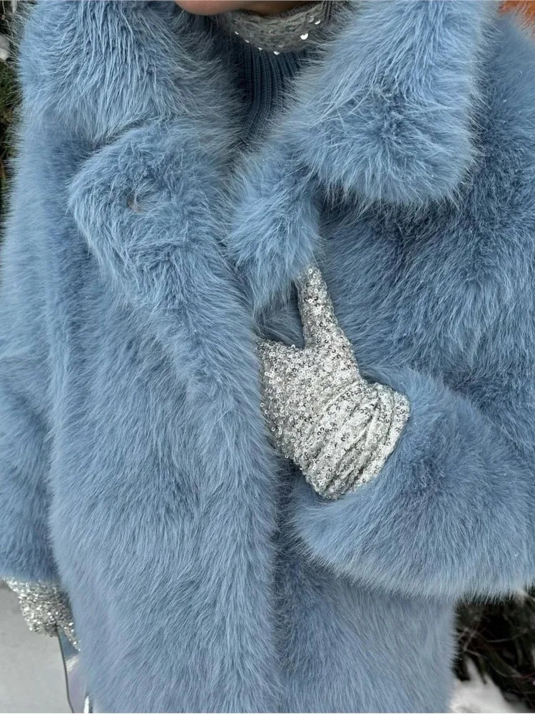Medium length womens fur coat set with loose neckline imitating fox fur coat warm soft thick winter social fur coat 241106