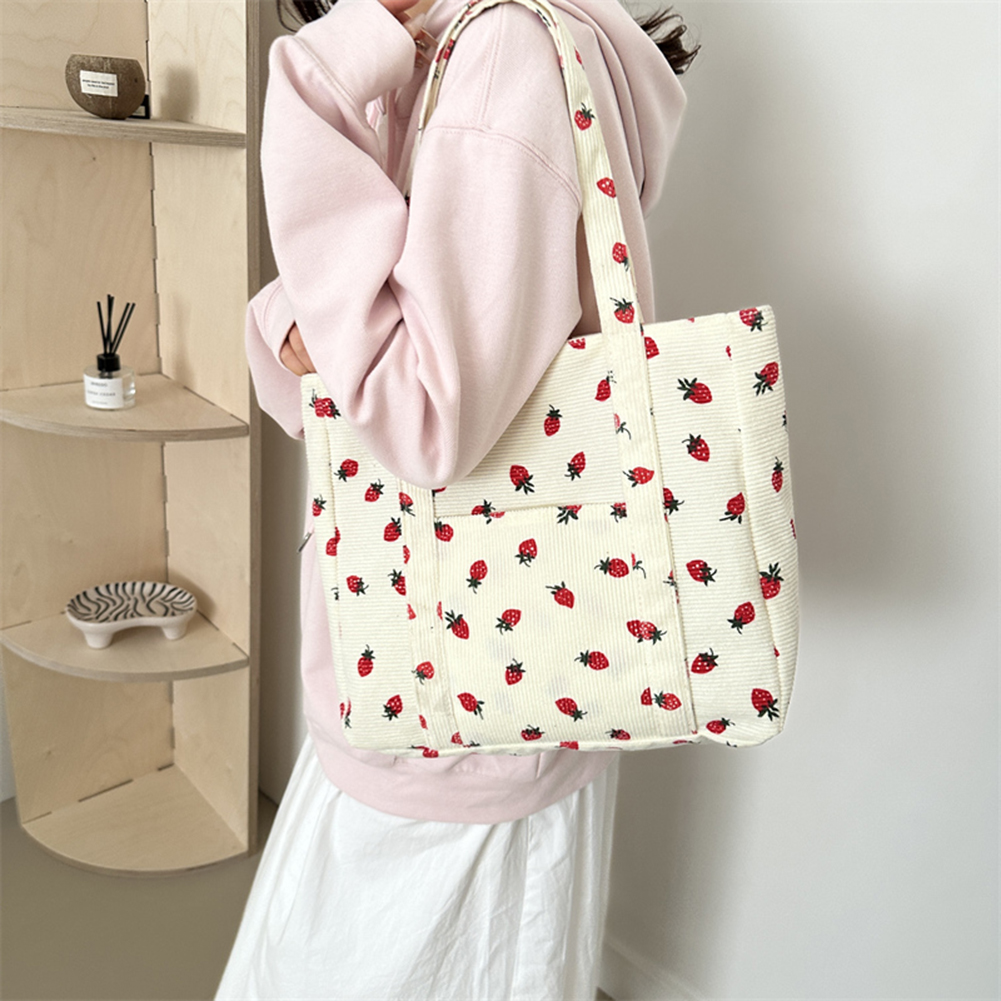 Strawberry Print Daily Handbag Cute Women Tote Bag Stylish Commuting Bag Sweet Style Large Capacity for Outdoor Travel