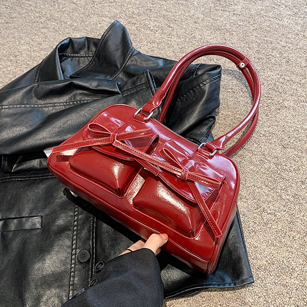 Women Fashion Shoulder Bag Double Pockets PU Leather Daily Commuting Bag with Bow Simple Shopping Bag Solid Color Chic Hobo Bag