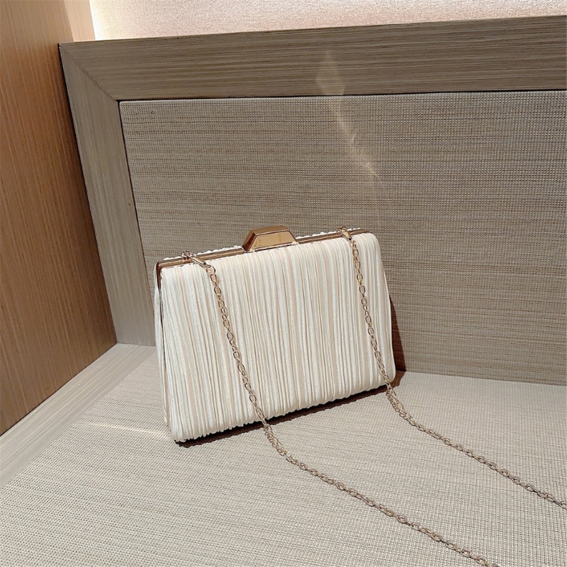 Women Elegant Pleated Evening Bag Top Handle Clutch Bag Banquet Party Handbag with Detachable Chain Strap Crossbody Shoulder Bag