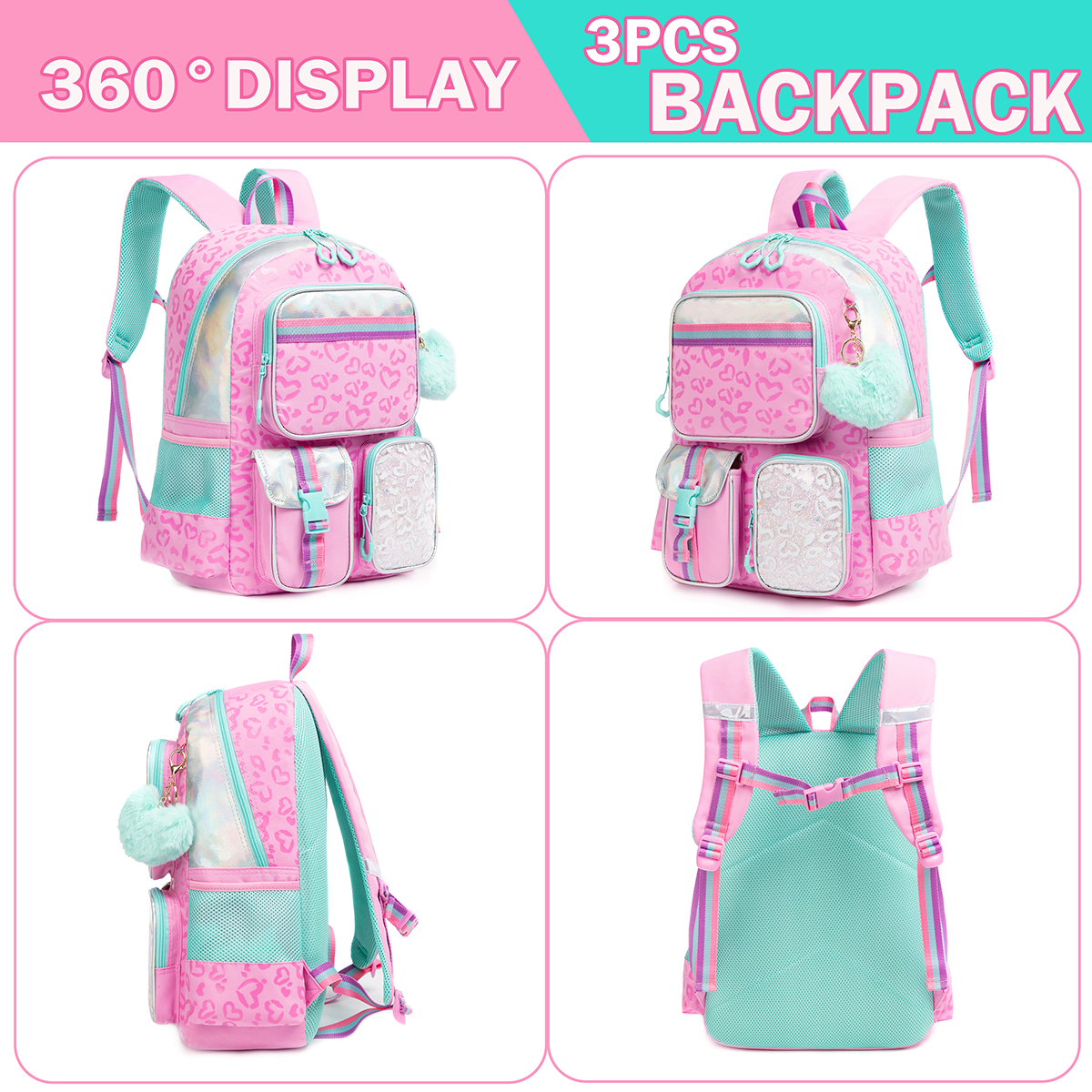 Meetbelify Girls' Multifunctional Heart Printed Pattern with Lunch Bag Pencil Bag for Studying Travel and Picnic