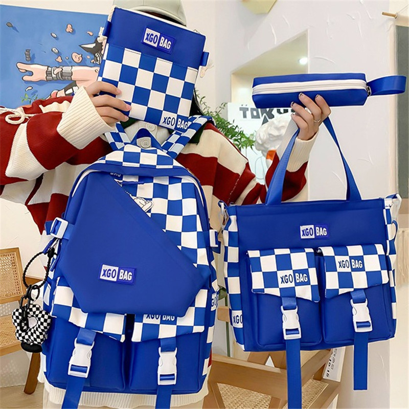 4 Pcs Set Women Backpack Harajuku Laptop Canvas plaid School Bags For Teenage Girls Kawaii College Student Kid Book Bag Rucksack